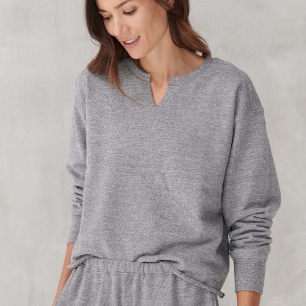 Lucky Brand Womens Terry Cropped Sweatshirt Split Neck Heather Gray Medium